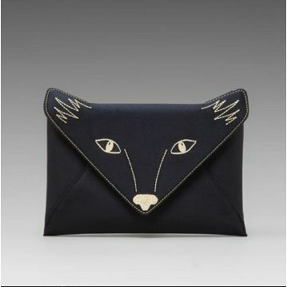 BCBGMaxAzria Handbags - BCBG Maxazria Foxy Fox Face Envelope Clutch Embroidered Black Purse, Satin